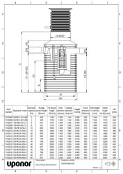 Uponor oil separator with bypass, all items 1143205-1143220 in the same image, mounting dimensions (EN)