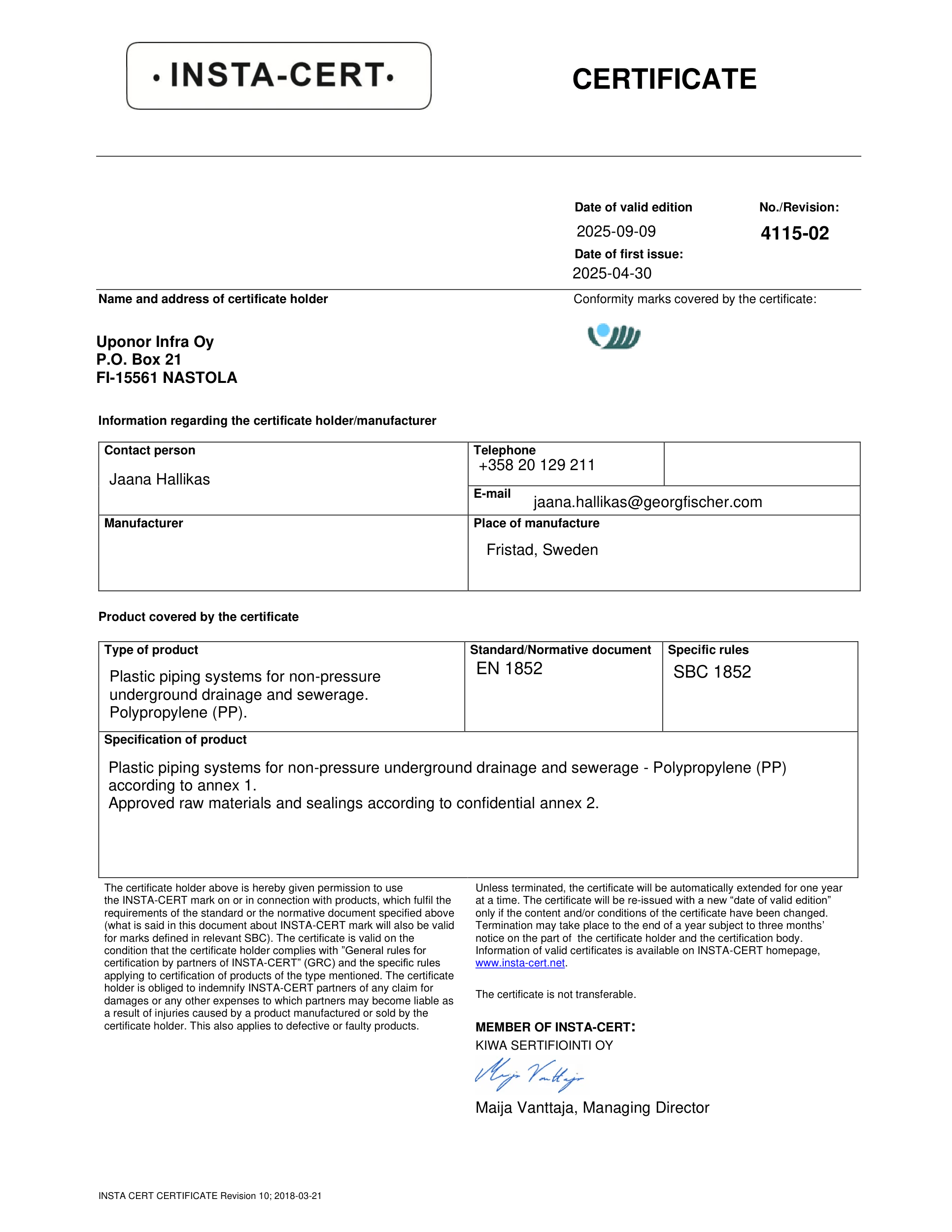 Certificate 4115. EN 1852. Nordic Polymark