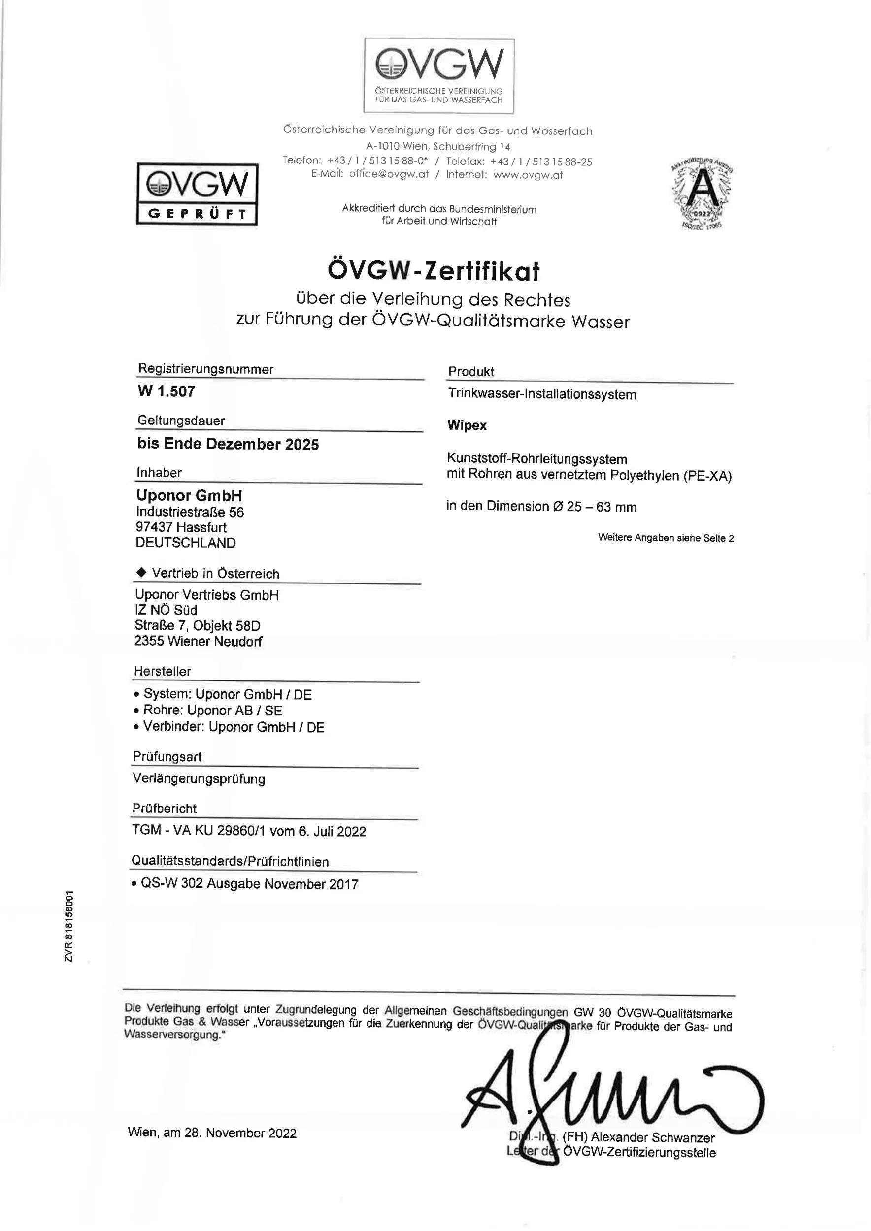 Uponor CER Wipex SYS MECH OEVGW W 1.507 DE (1030982)