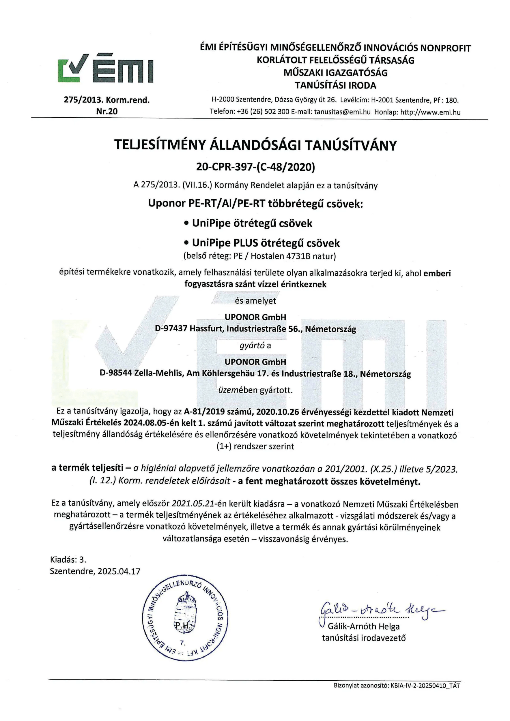 UPONOR CER UNI PIPE PLUS PIP MECH EMI 20-CPR-397-C-48-2020 HU HU (1122351)