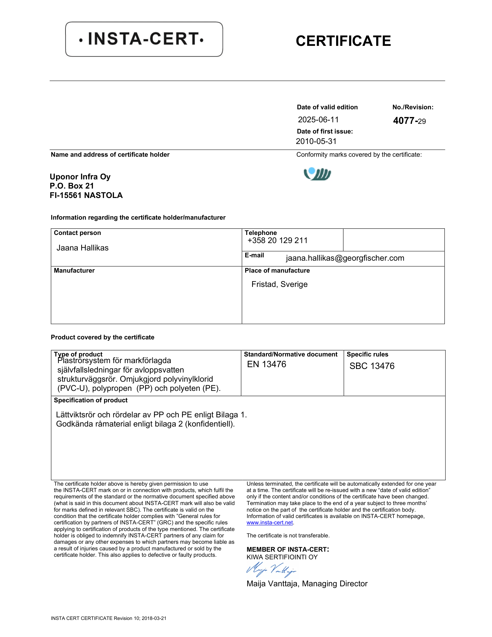 Certifikat 4077 (SE). EN 13476. Nordic Polymark