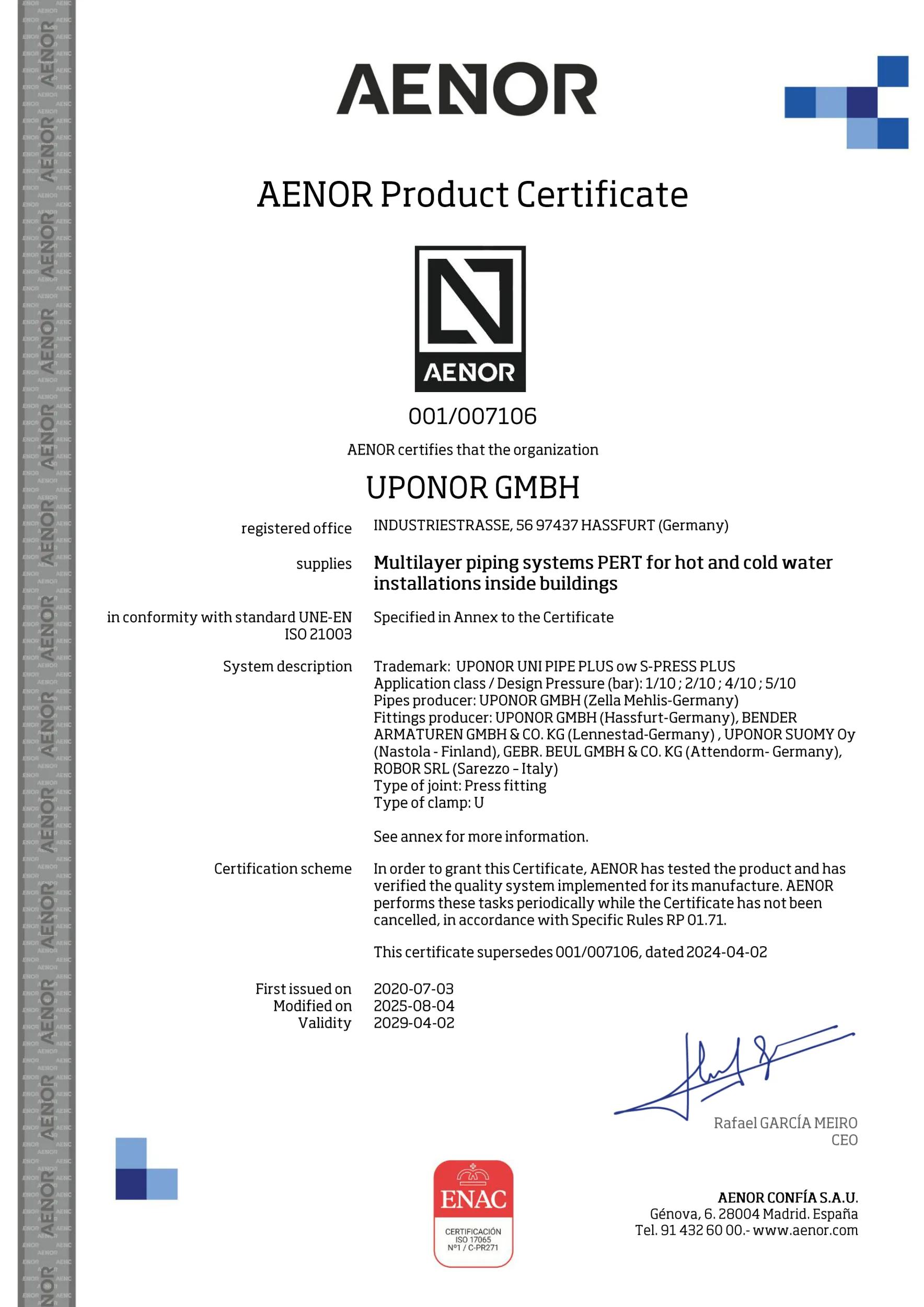 UPONOR CER UNI PIPE PLUS SYS MECH AENOR 001-007106 ES EN (1119028)