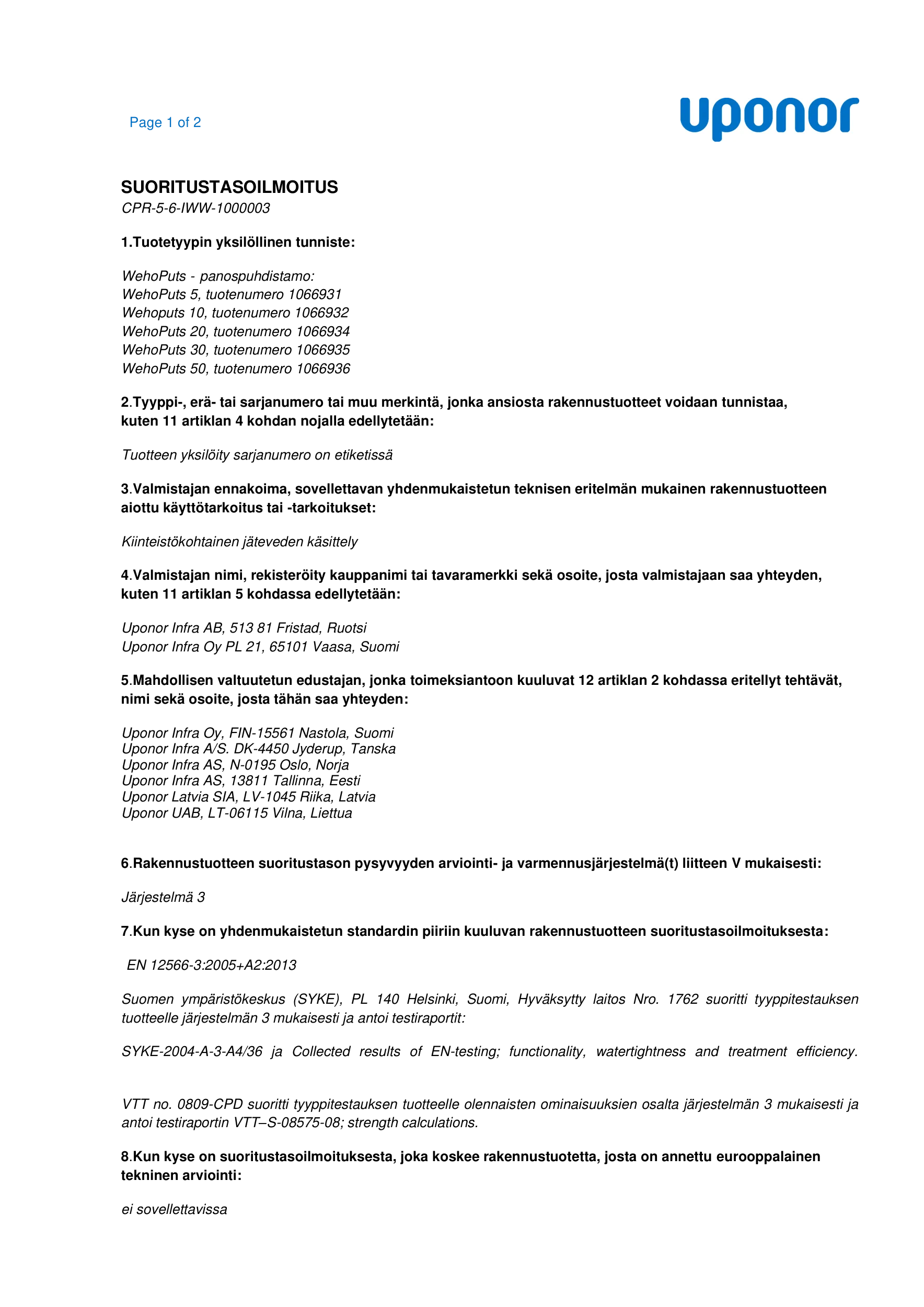 Suoritustasoilmoitus (DoP in Finnish)