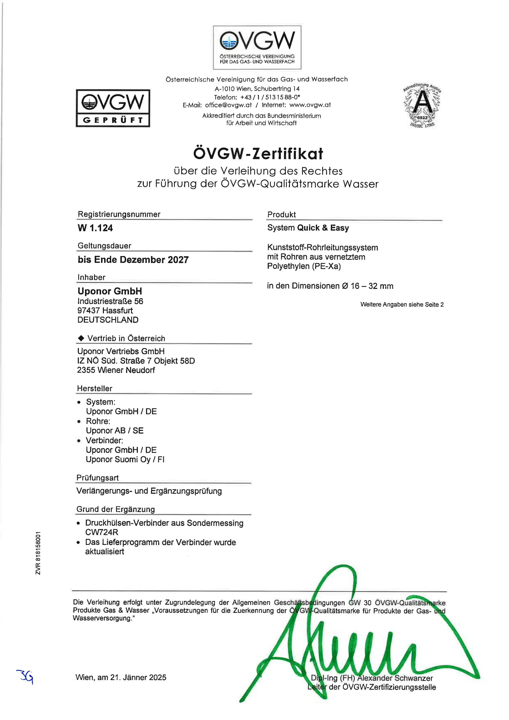 Uponor CER Q&E SYS MECH ÖVGW W1.124 AT (1087715)