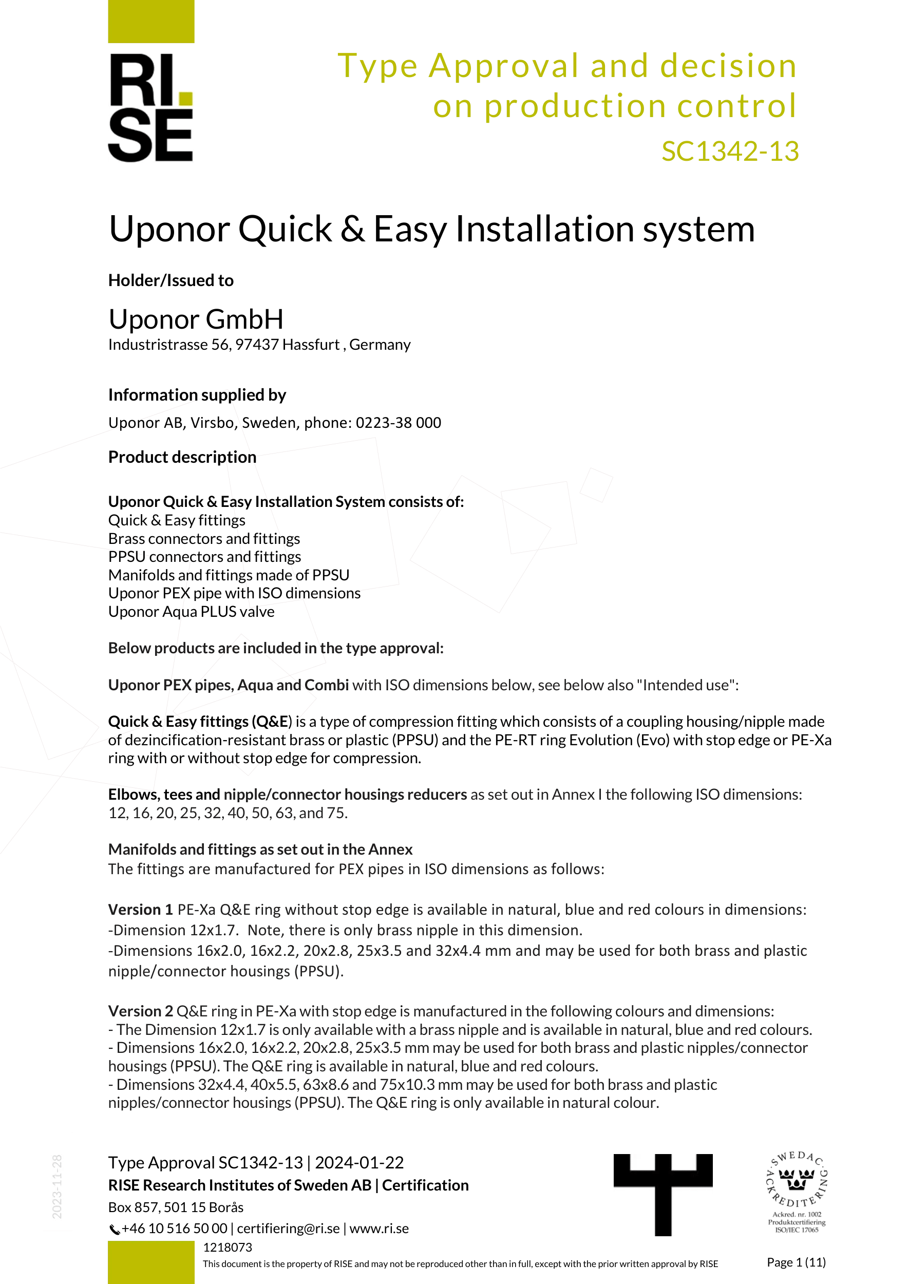 Uponor CER Q&E SYS MECH SP SC1342-13 SE (1030887)