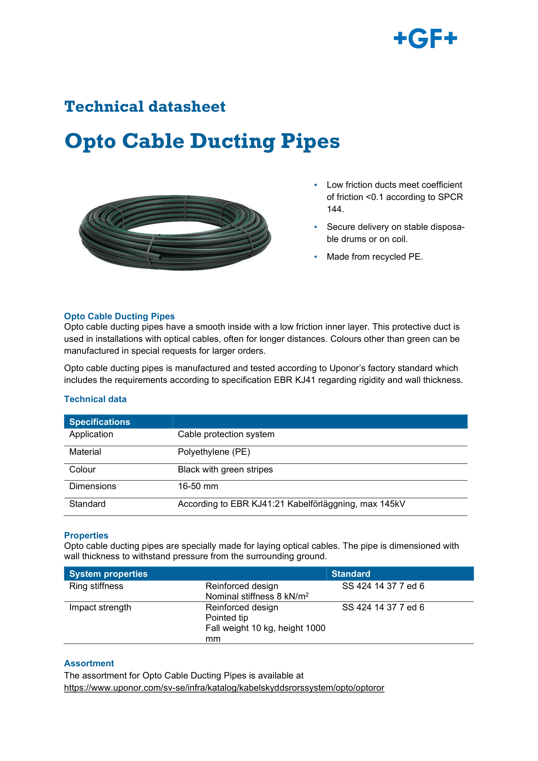 Uponor Opto cable ducting pipes, technical datasheet (EN)