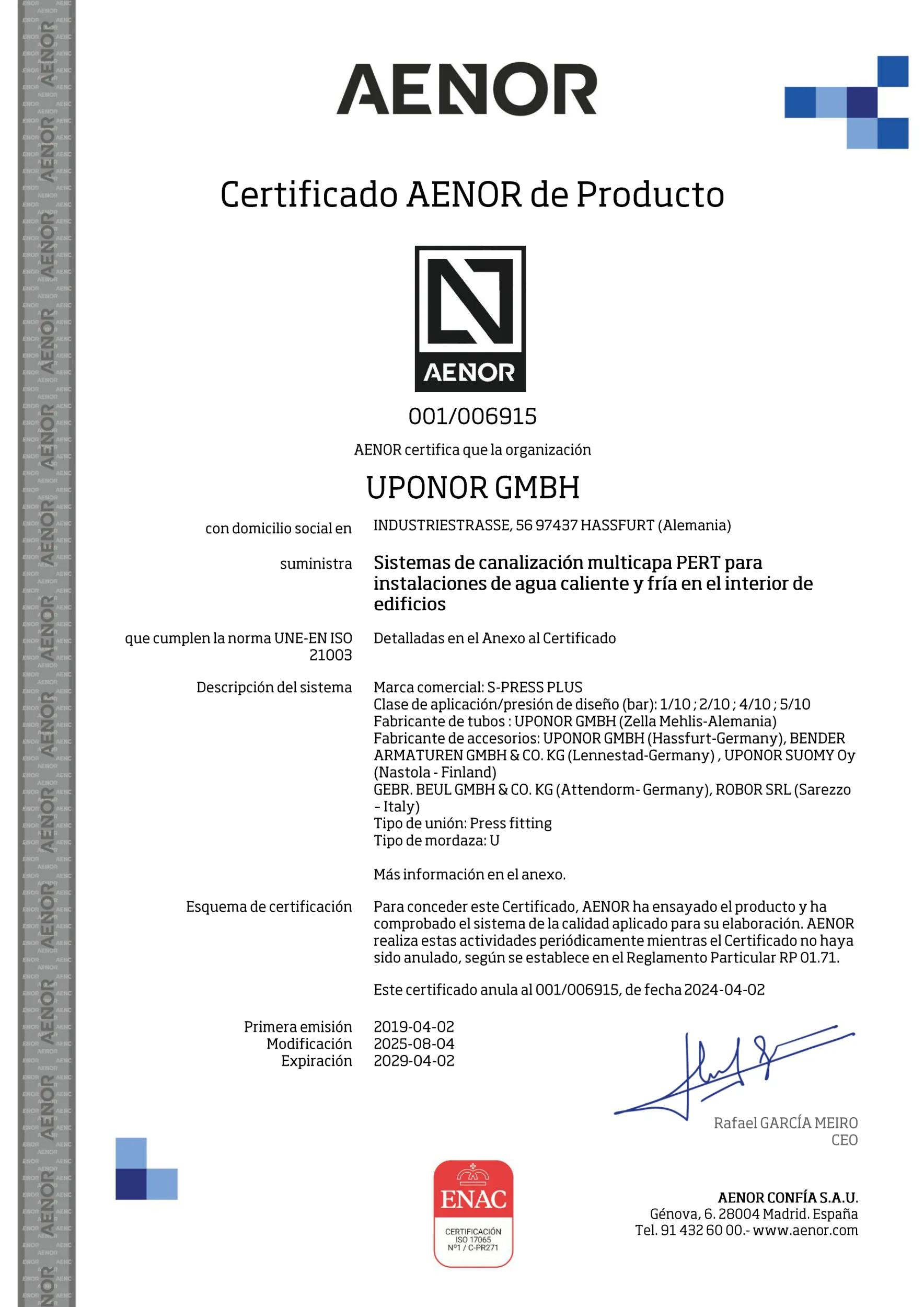 Uponor CER Uni Pipe PLUS SYS MECH AENOR 001-006915 ES EN (1095374)