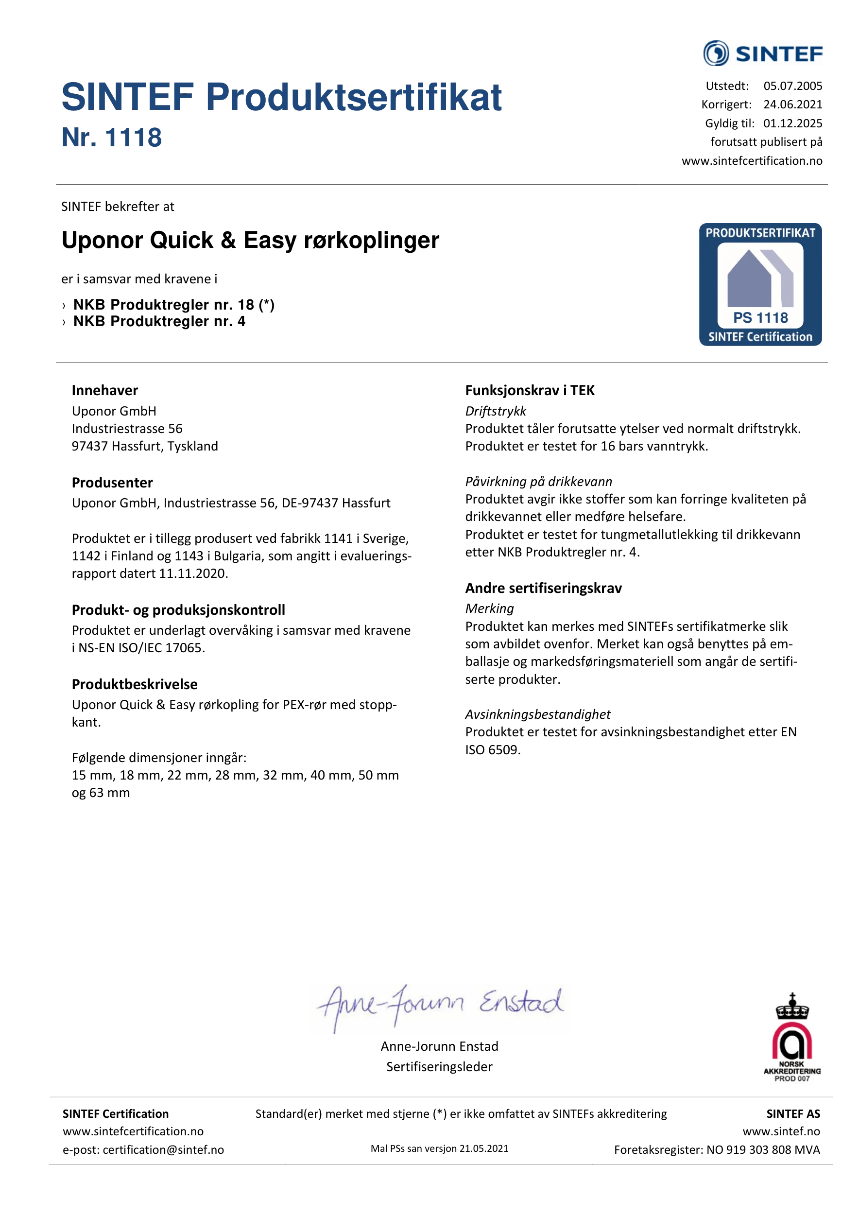 UPONOR CER Q&E FIT MECH SINTEF Nr.1118 NO NO (1030881)
