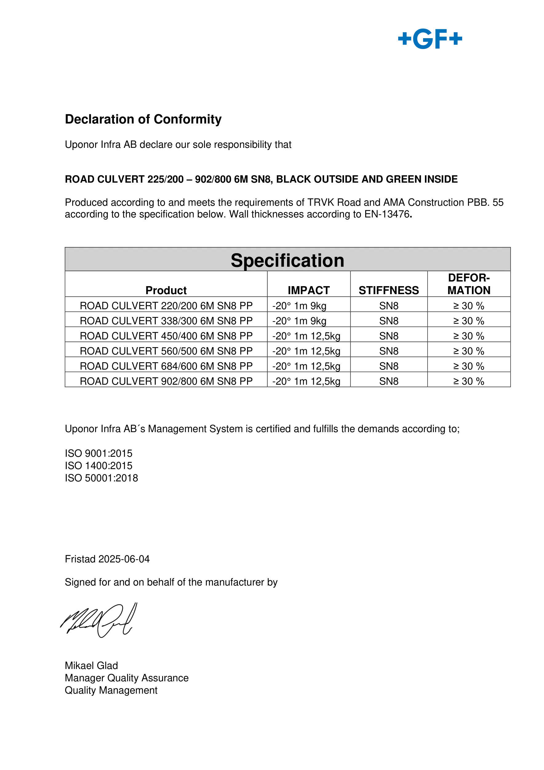 Declaration of Conformity DoC in English (Road culvert)