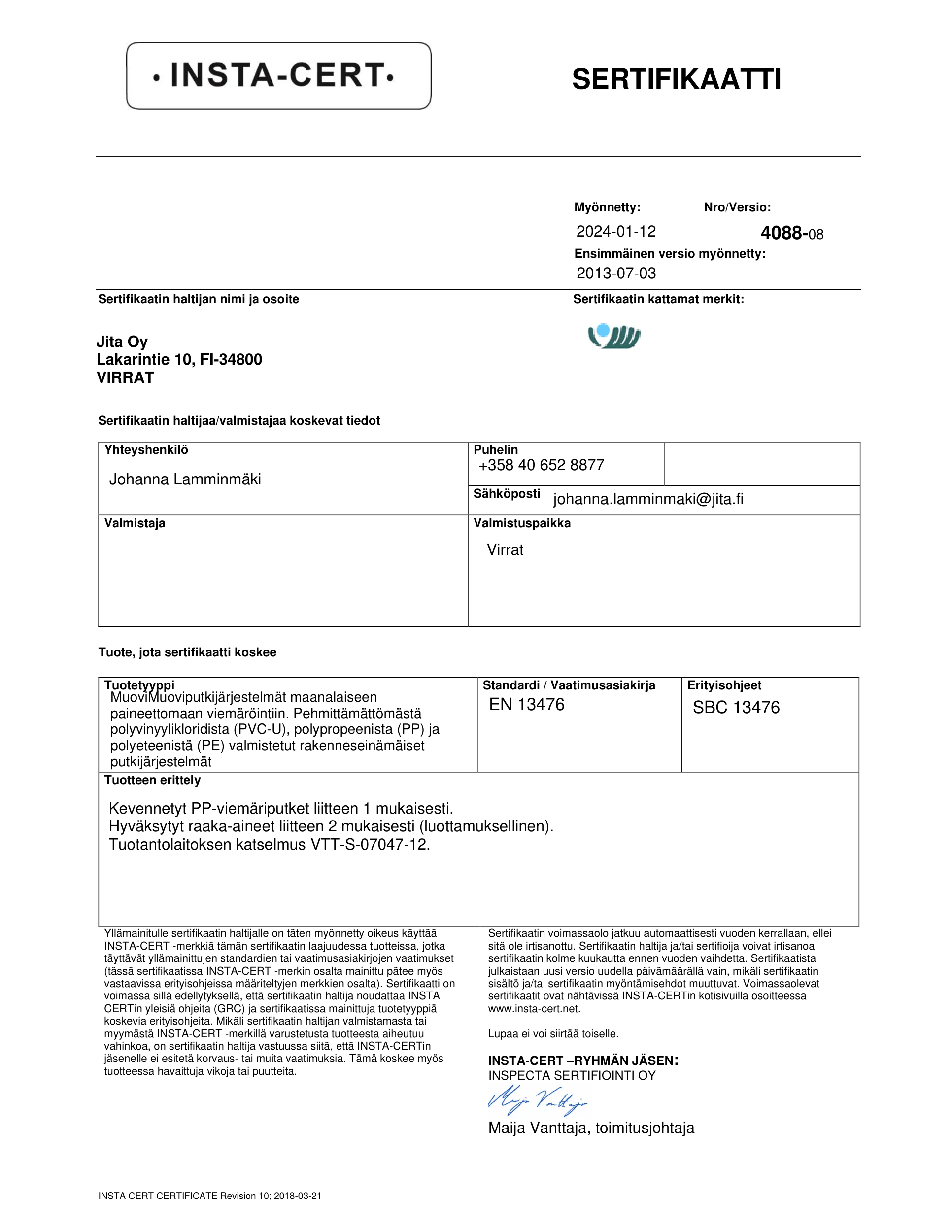 Sertifikaatti 4088 (FI). EN 13476. Nordic Polymark