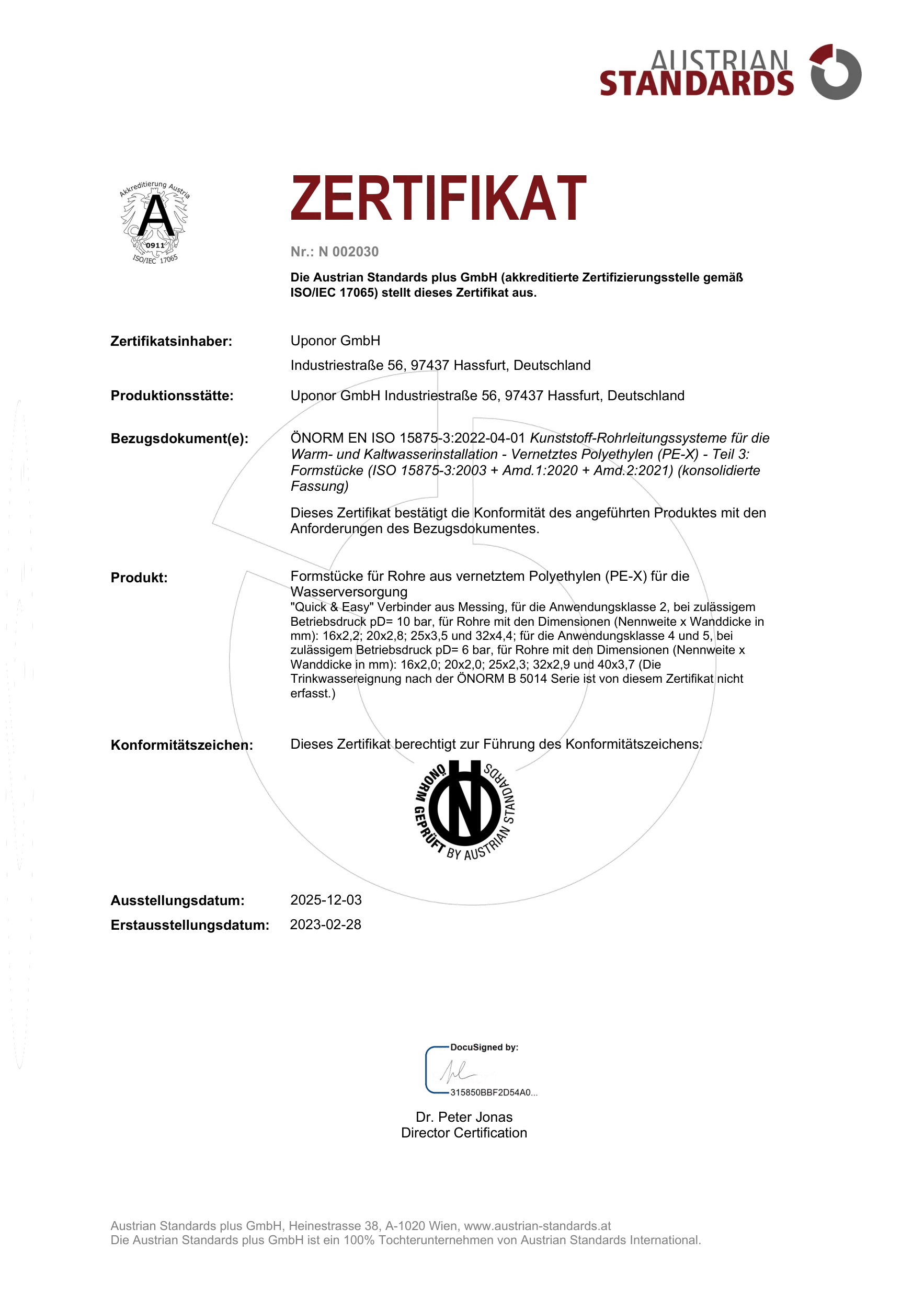 UPONOR CER Q&E FIT MECH OENORM N 002030 AT DE (1140165)