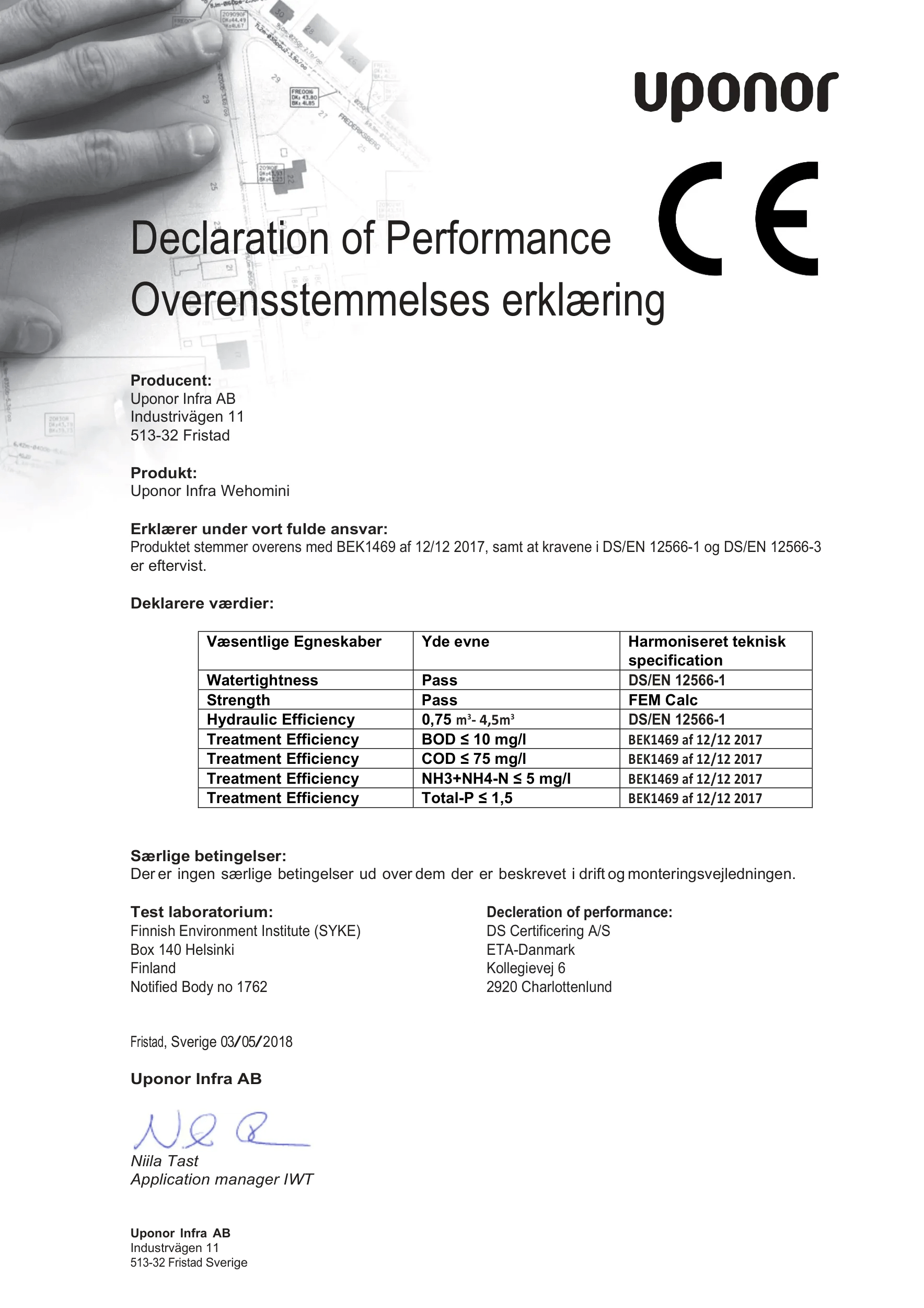 Overensstemmelses erklæring (DoP in Danish)