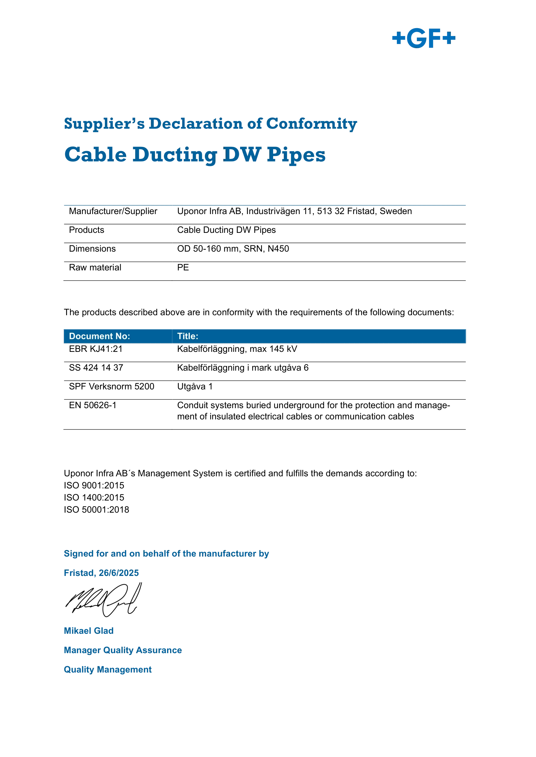 Declaration of Conformity DoC for Uponor cable ducting double-wall pipes, in English