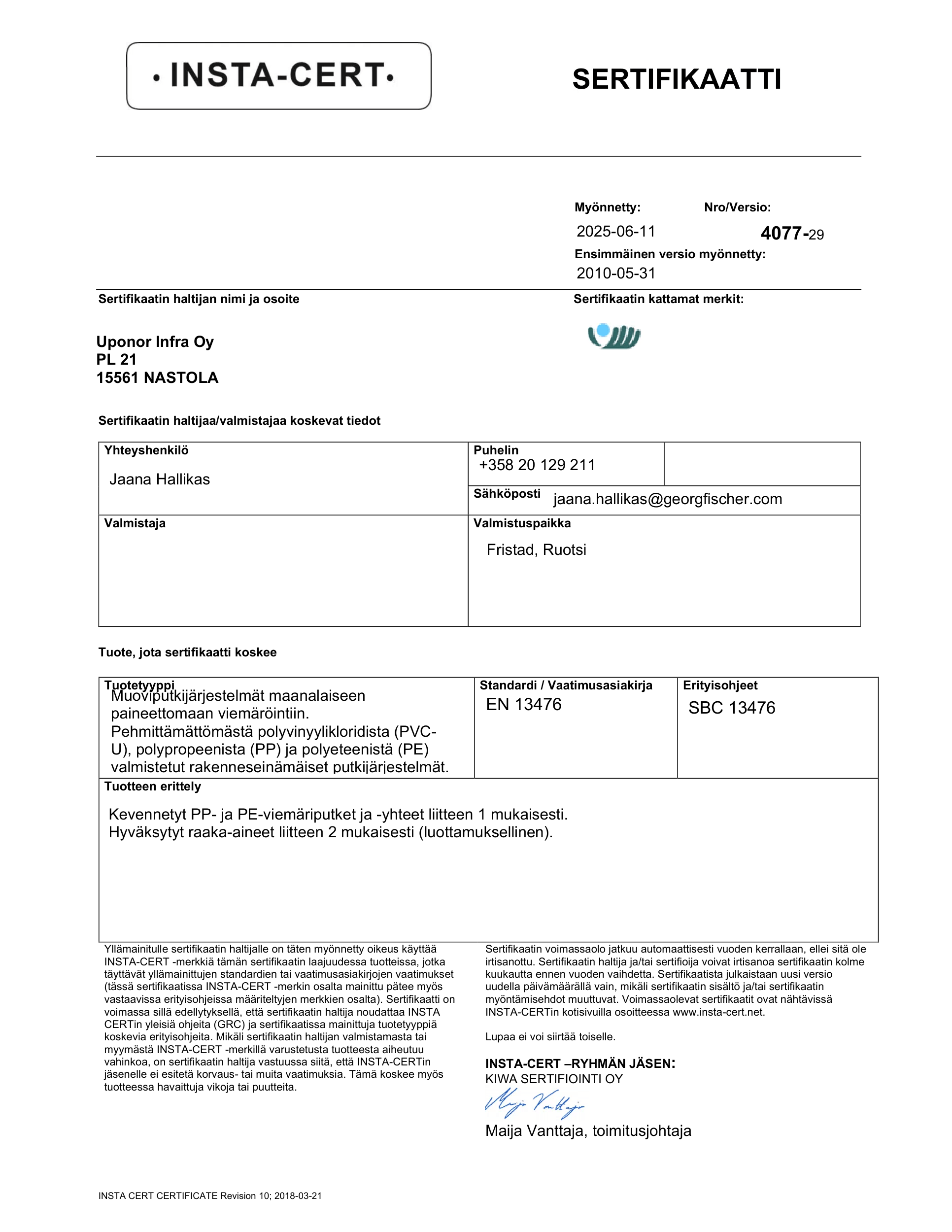 Sertifikaatti 4077 (FI). EN 13476. Nordic Polymark