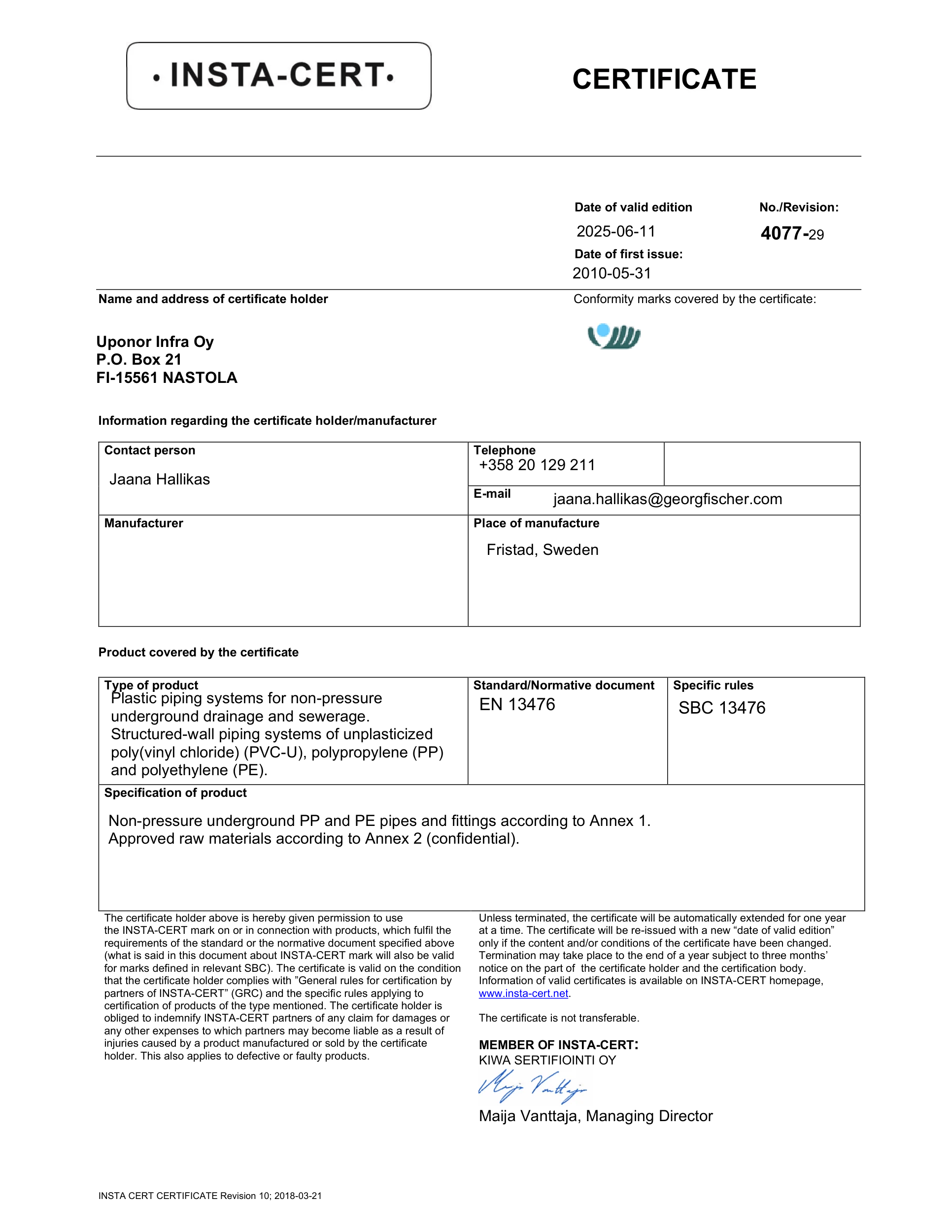 Certificate 4077 (EN). EN 13476. Nordic Polymark