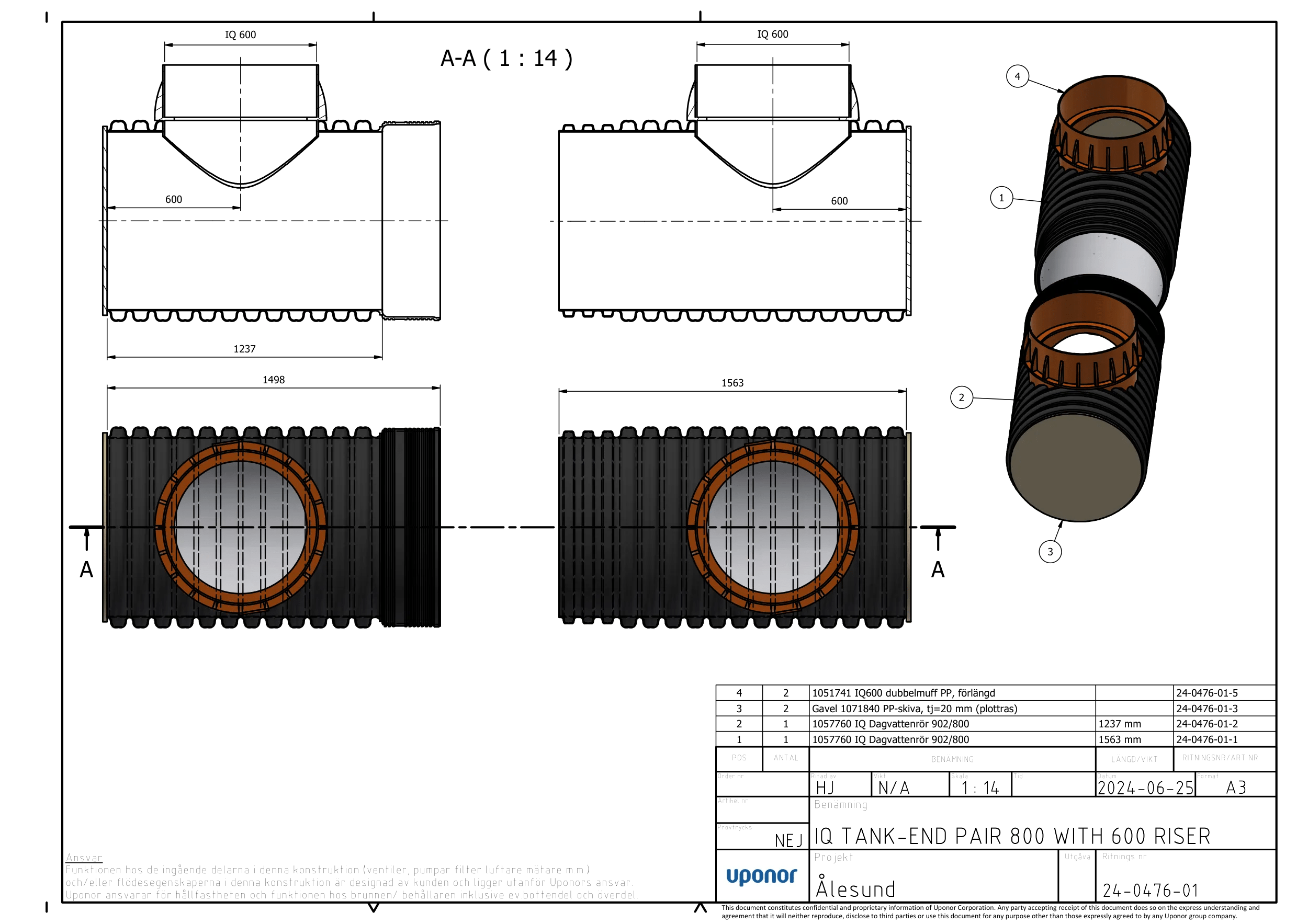 Type drawing of Uponor IQ tank end-pair 800 with 600 mm riser (EN). Note: item number 1161306.