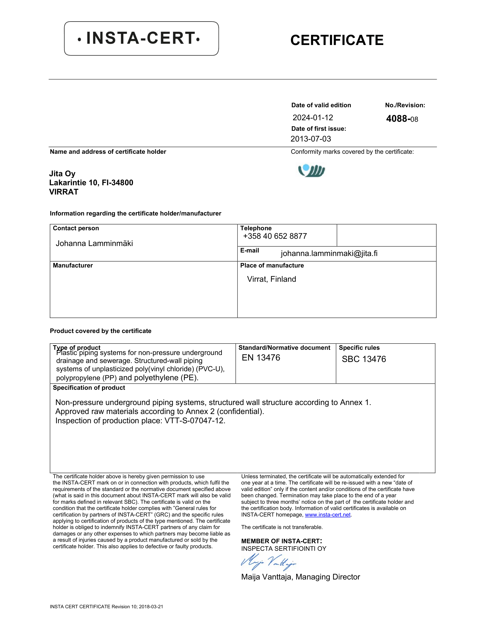 Certificate 4088 (EN). EN 13476. Nordic Polymark
