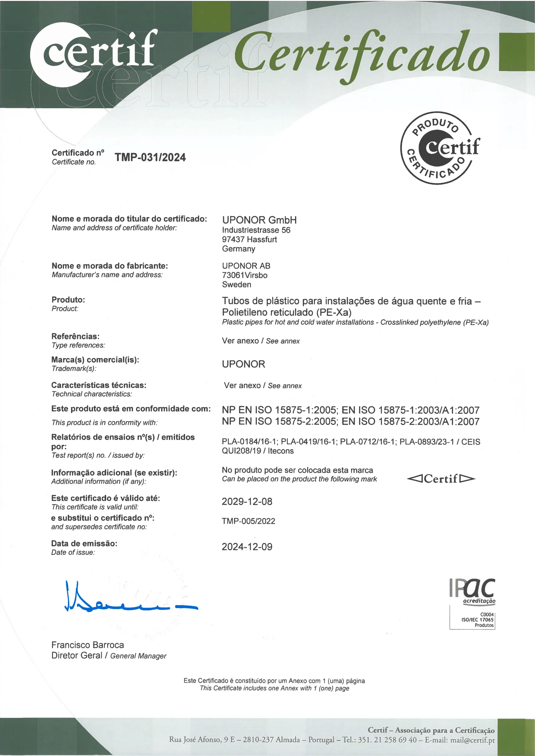 Uponor CER AQUA PIP MECH CERTIF TMP-051-2019 PT (1089156)