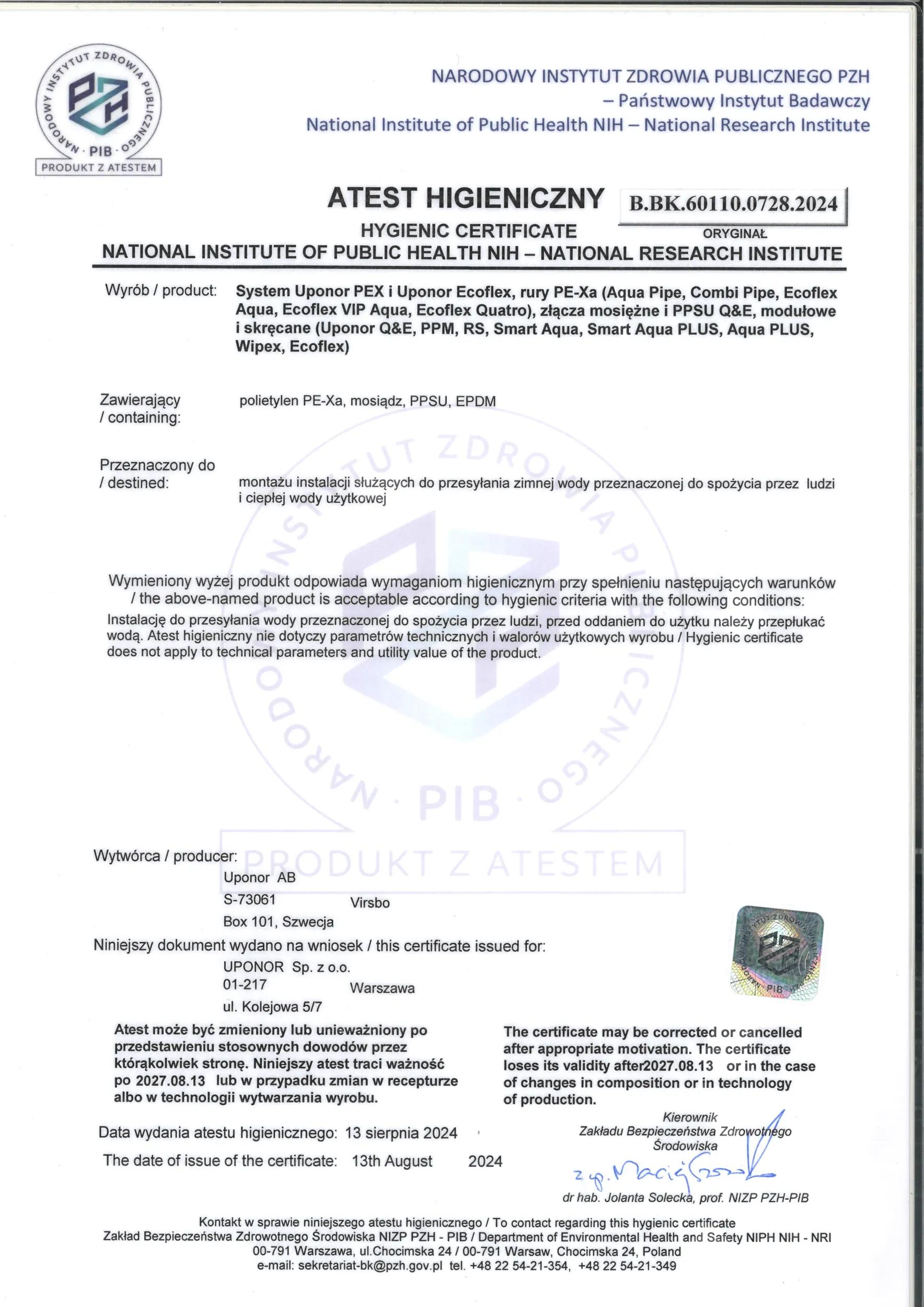 UPONOR CER AQUA PIPE SYS HYG PZH B-BK-60210-0745-21 PL EN