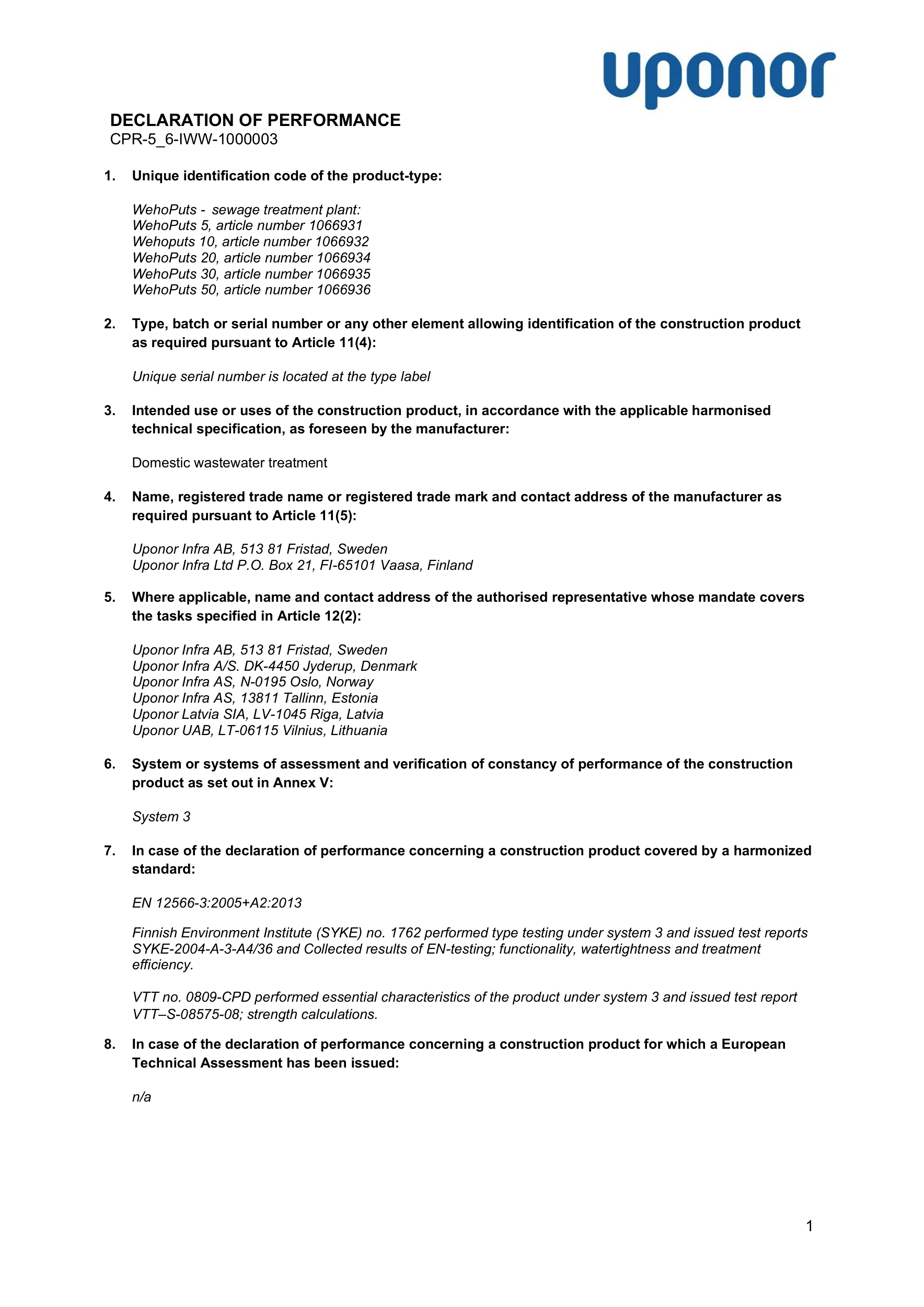 Declaration of Performance (DoP)