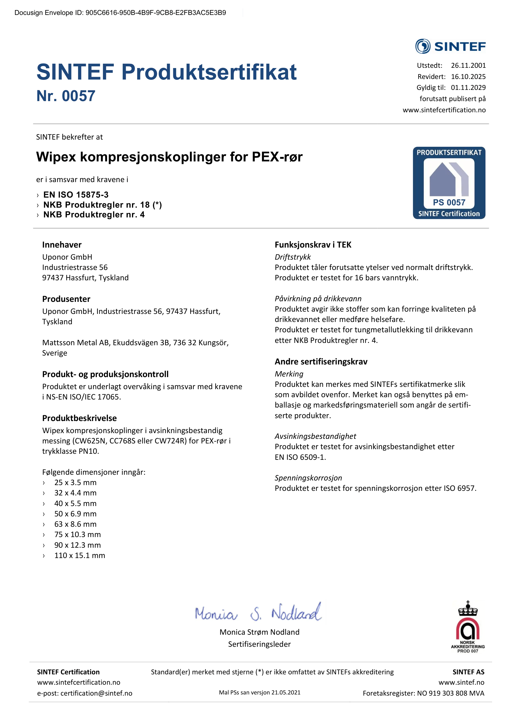 UPONOR CER WIPEX SYS MECH SINTEF Nr.0057 NO NO (1088314)