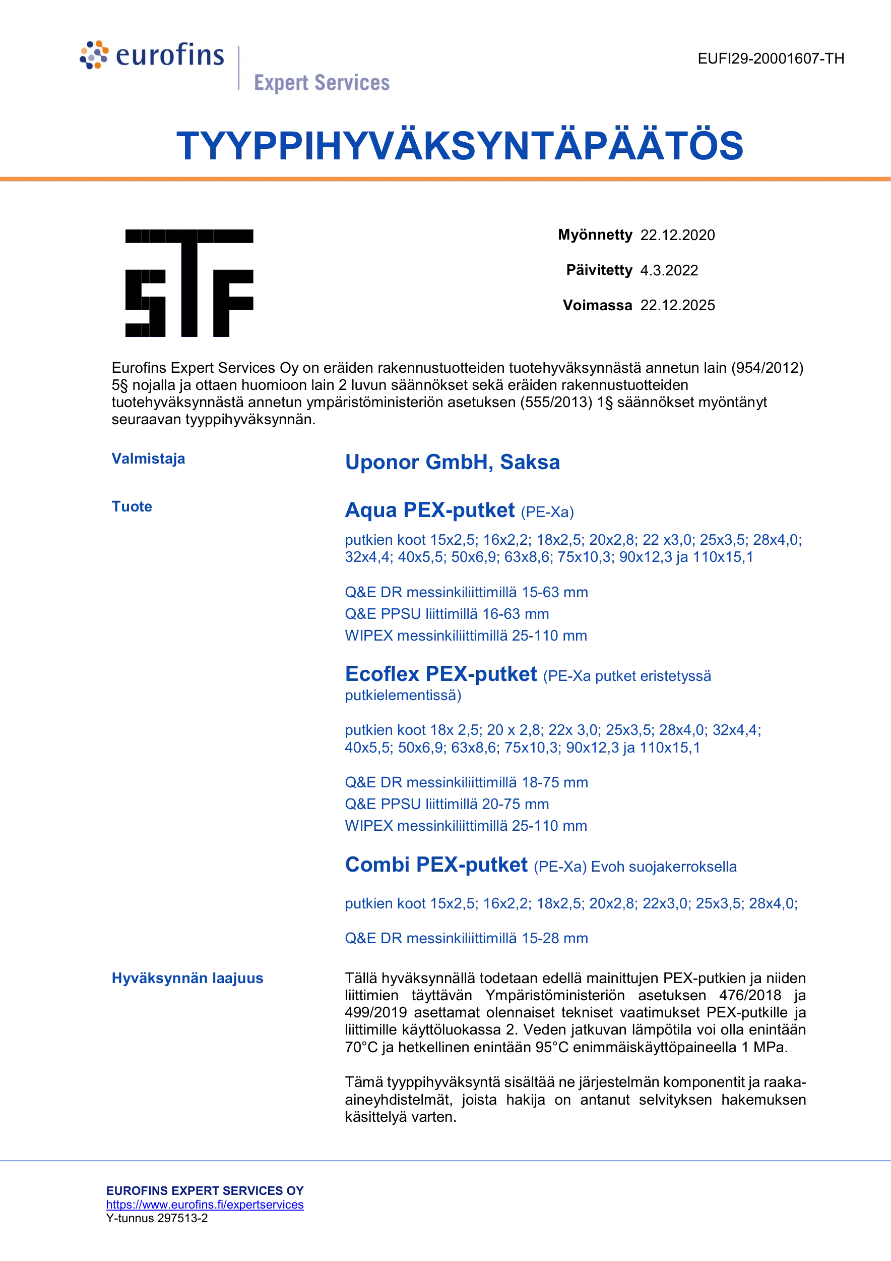 UPONOR CER AQUA PIPE SYS MECH EUROFINS EUFI29-20001607-TH FI FI (1120397)